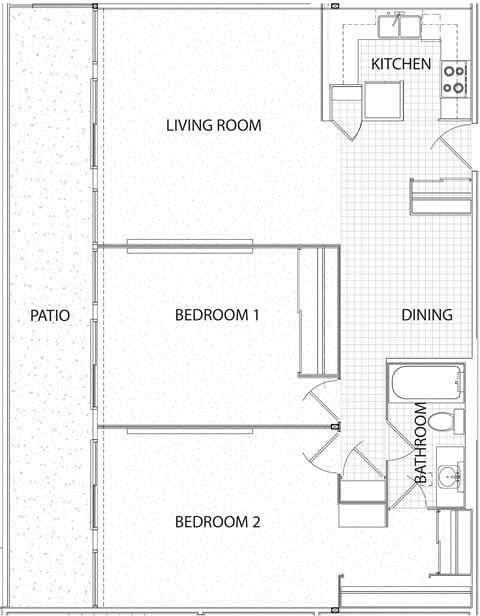 Floor plan for 2 beds, 1 bath, 1000 sqft